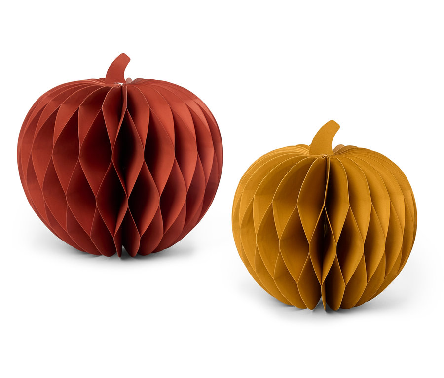 Deux citrouilles décoratives en nid d'abeille, une marron rougeâtre et l'autre jaune moutarde.