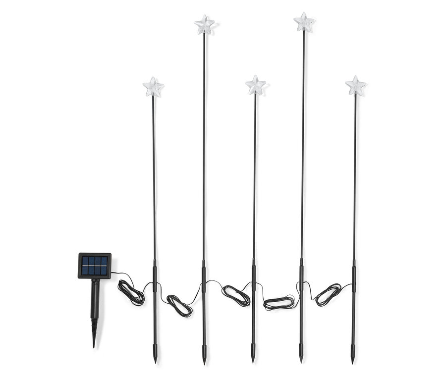 Cinq lumières solaires noires en forme d'étoile reliées par un câble.