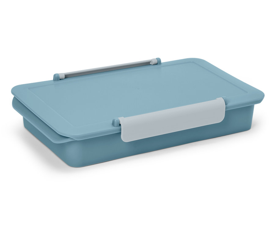 Une boîte à lunch bleu clair avec des fermetures blanches.