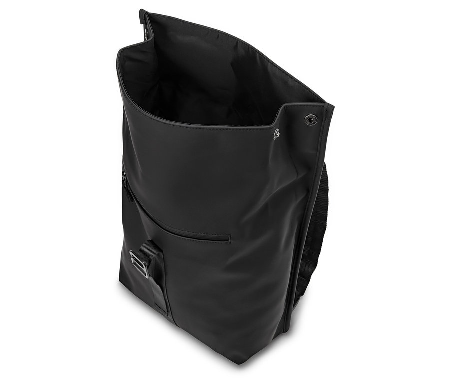 Sac à dos noir ouvert avec poche extérieure.