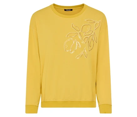 Sweat-shirt Olsen manches longues jaune avec motif citron sur le devant.