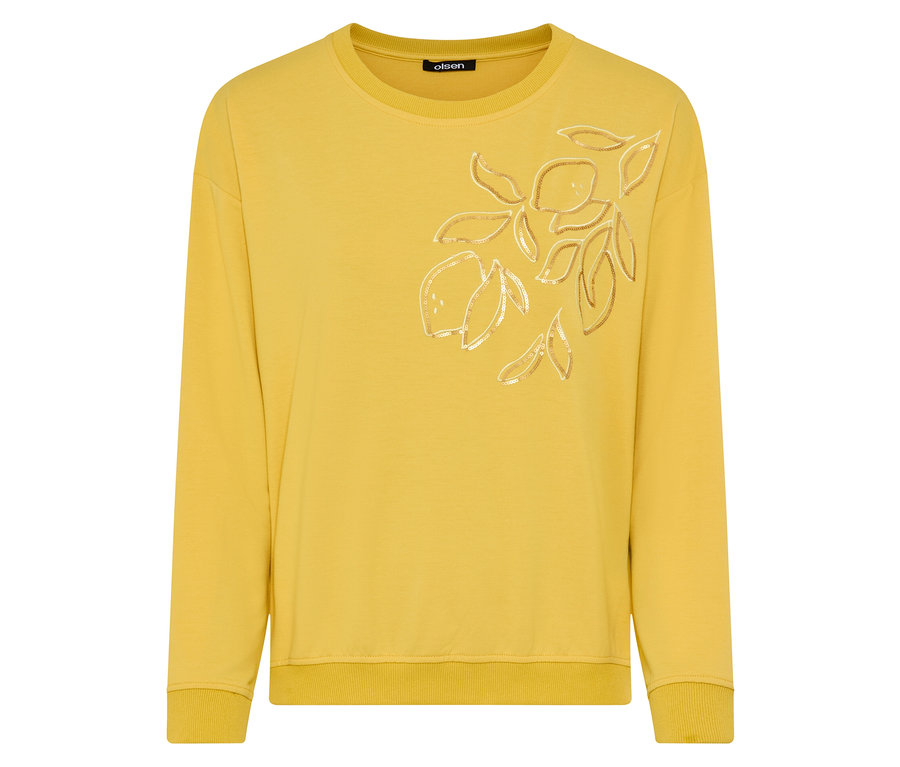 Sweat-shirt Olsen manches longues jaune avec motif citron sur le devant.