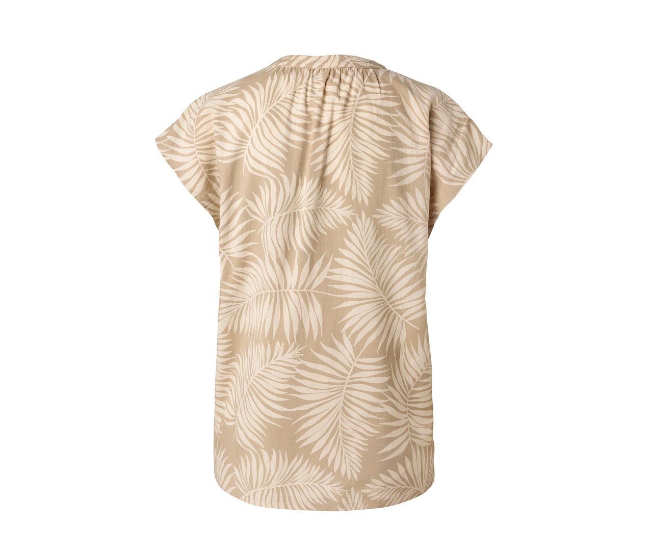 Chemisier beige imprimé avec des feuilles à manches courtes.