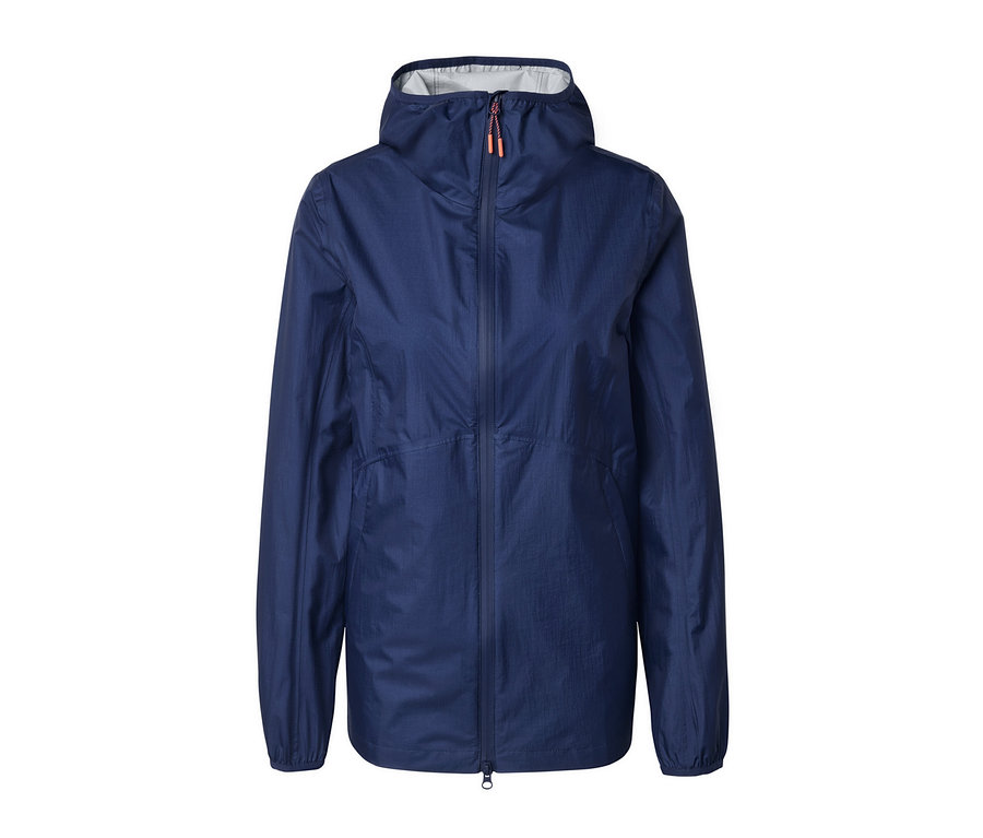 Veste de pluie ultra-légère « repliable » bleu foncé avec capuche et détails orange.