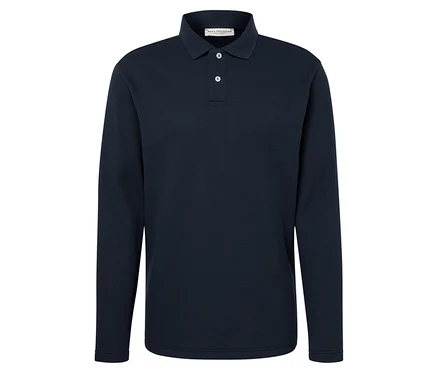 Polo bleu marine à manches longues avec deux boutons blancs.