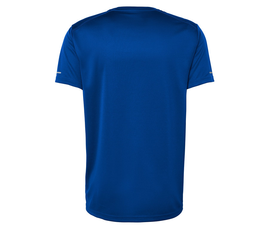 Vue arrière d'un t-shirt bleu à manches courtes.