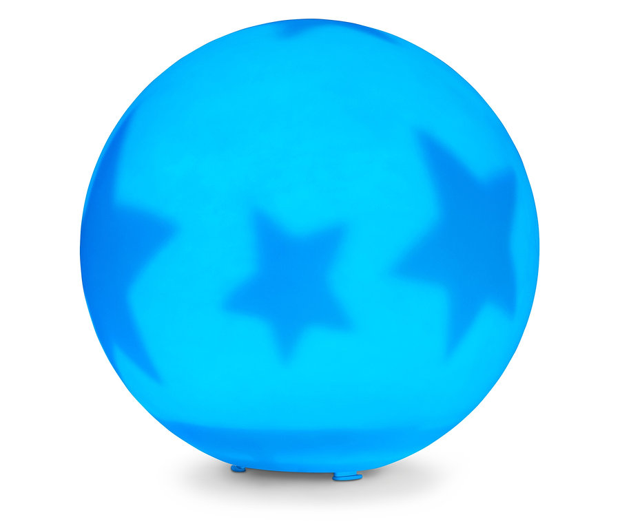 Veilleuse bleue en forme de boule avec des étoiles sur fond blanc.