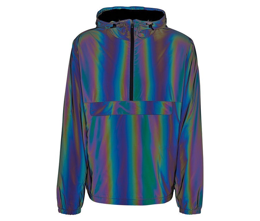 Veste brillante avec capuche et fermeture éclair noire au milieu.