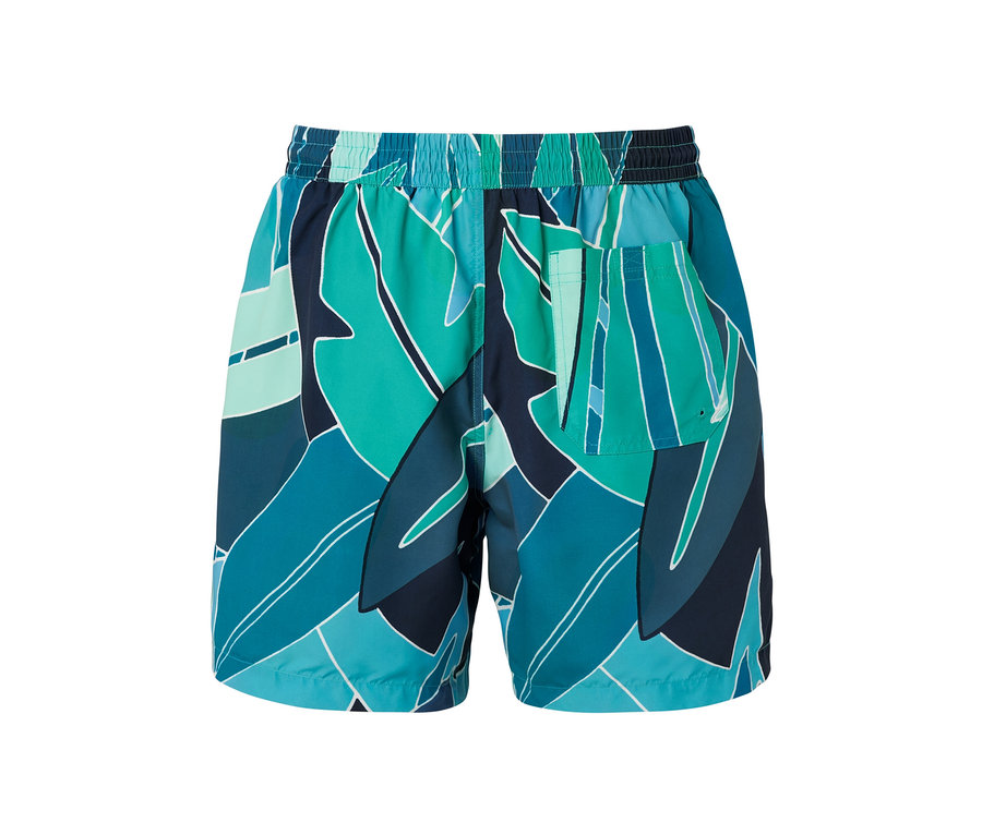 Short de bain à motif géométrique bleu-vert.