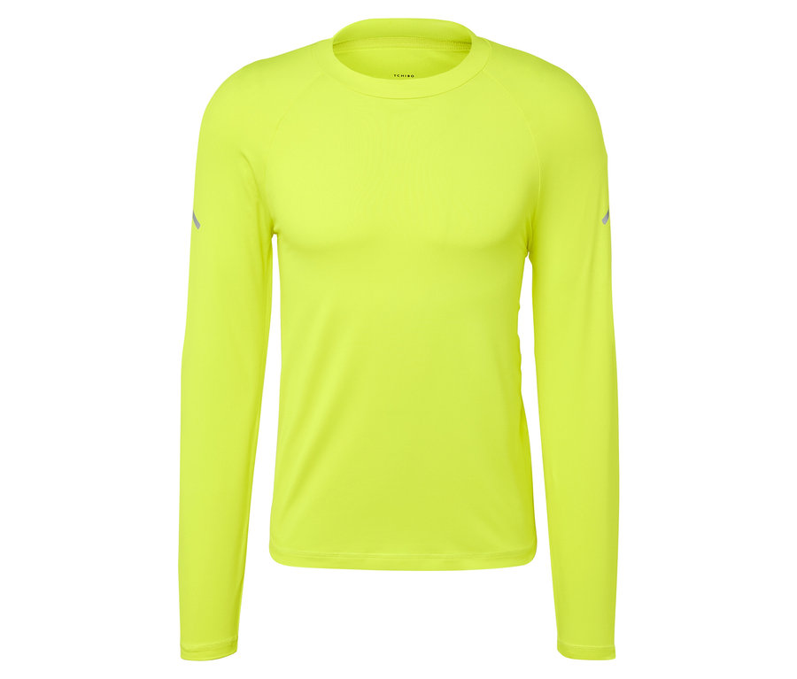 T-shirt jaune à manches longues sur fond blanc.