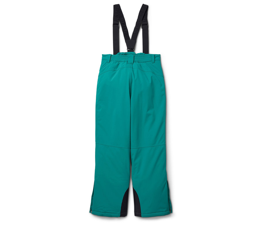 Pantalon de ski turquoise avec bretelles noires sur fond blanc.
