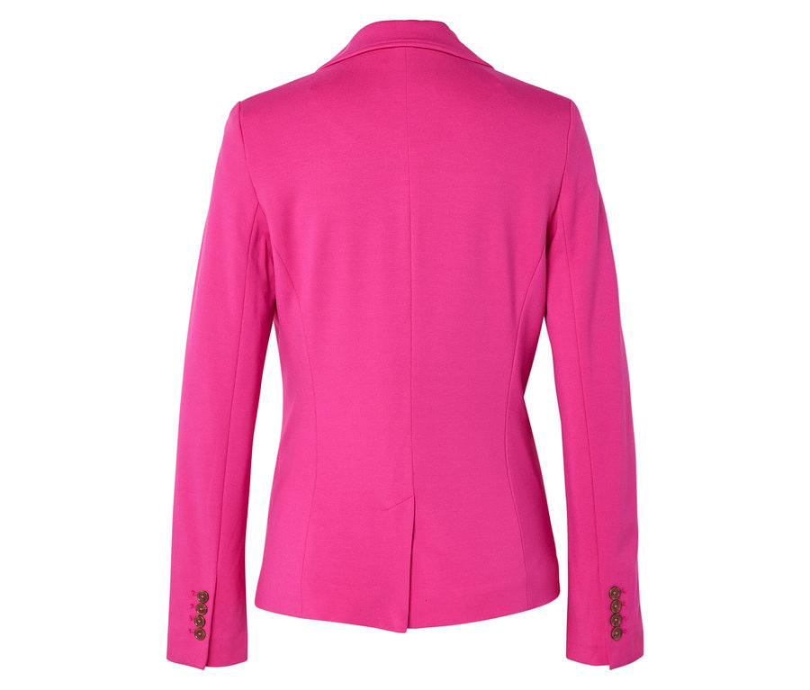Vue arrière d'un blazer rose avec des boutons sur les manches.