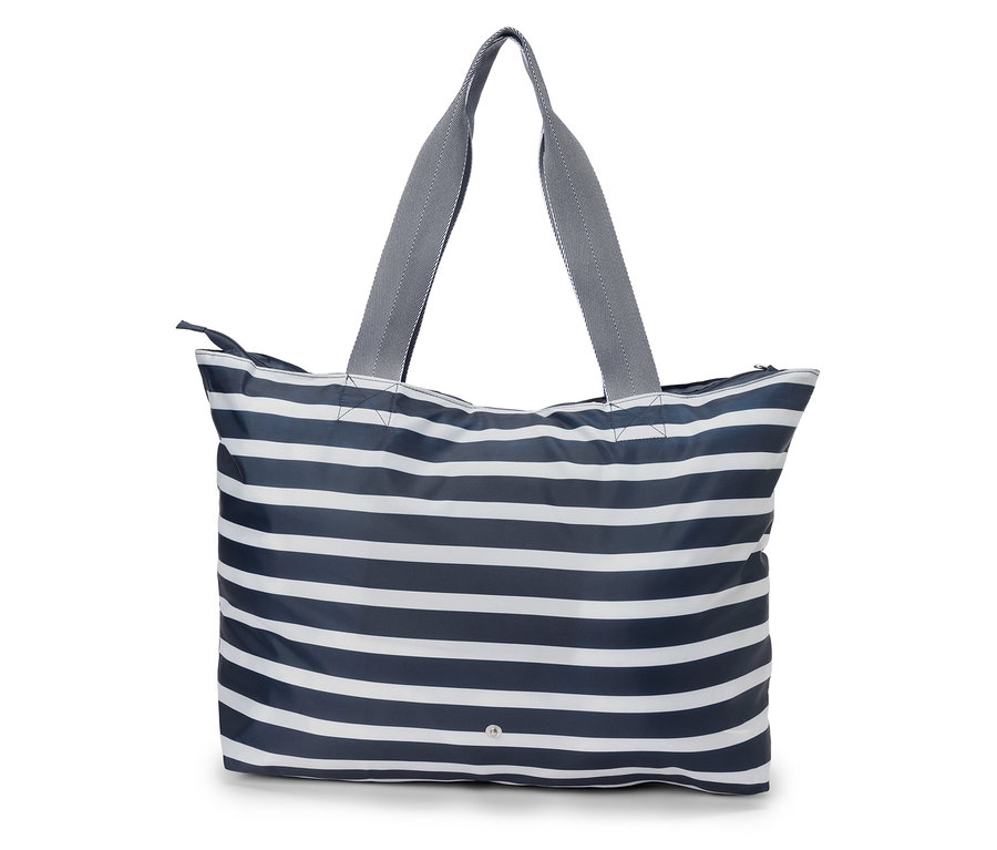 Sac fourre-tout rayé avec anses grises sur fond blanc.
