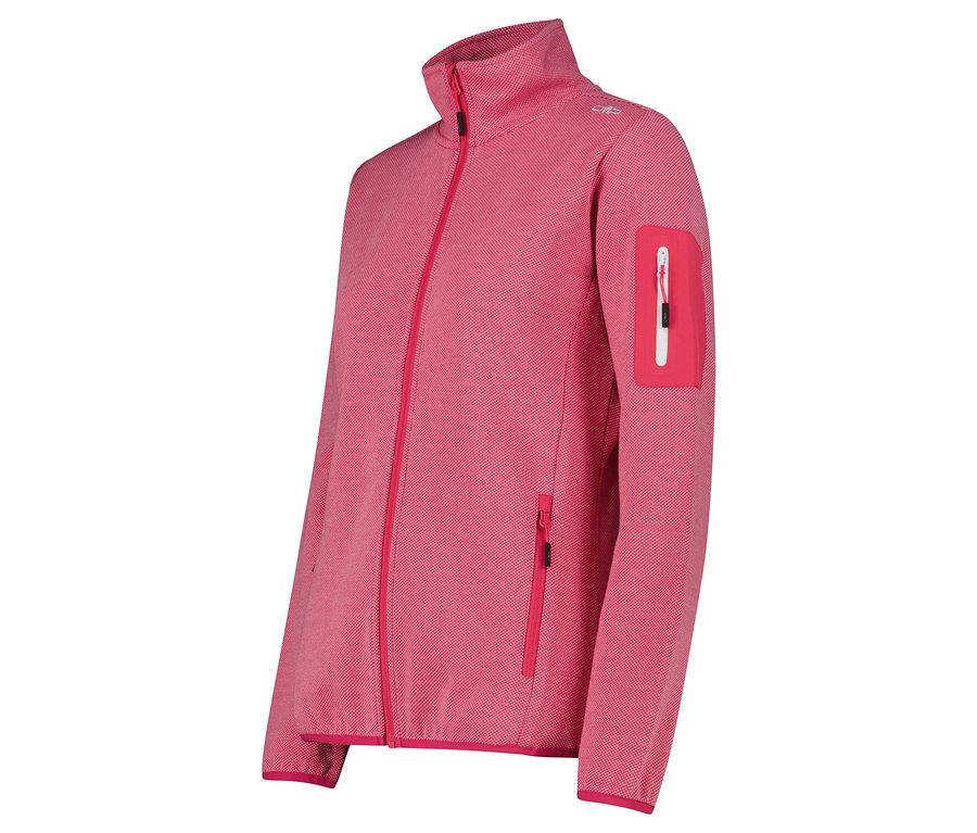 Une veste polaire rose avec une fermeture éclair intégrale et des poches.