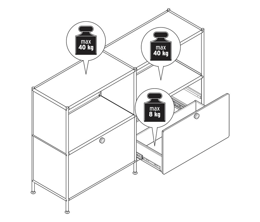 Trois buffets métalliques « CN3 Kids » avec 2 tiroirs, un pistache, un gris clair, un fermé.