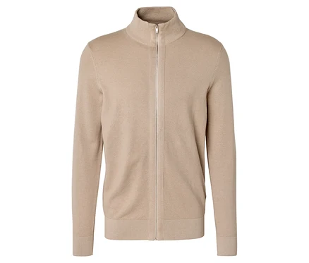 Gilet en maille beige avec fermeture éclair intégrale et col montant.