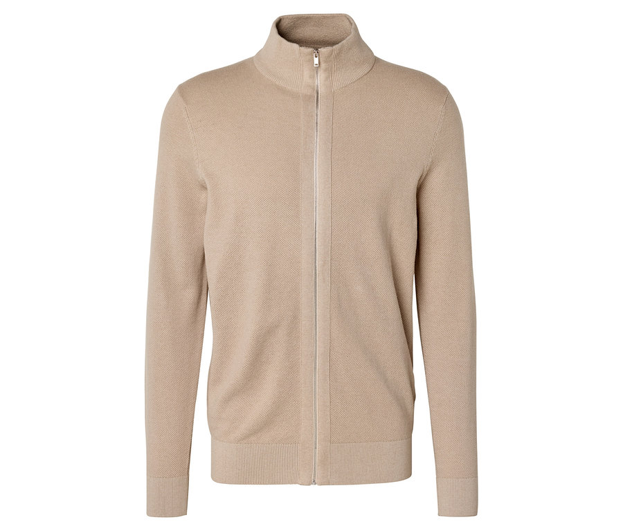 Gilet en maille beige avec fermeture éclair intégrale et col montant.