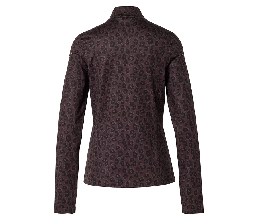 Vue arrière d'une veste marron à manches longues avec motif léopard et col montant.