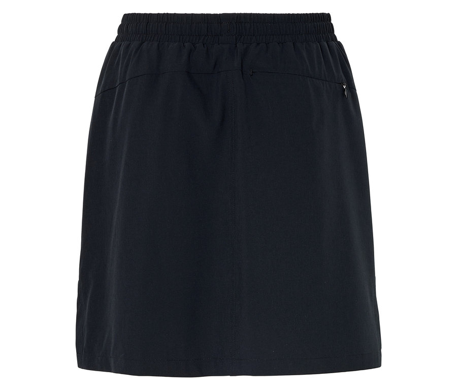 Vue arrière d'une jupe noire avec une ceinture élastique et une poche zippée.