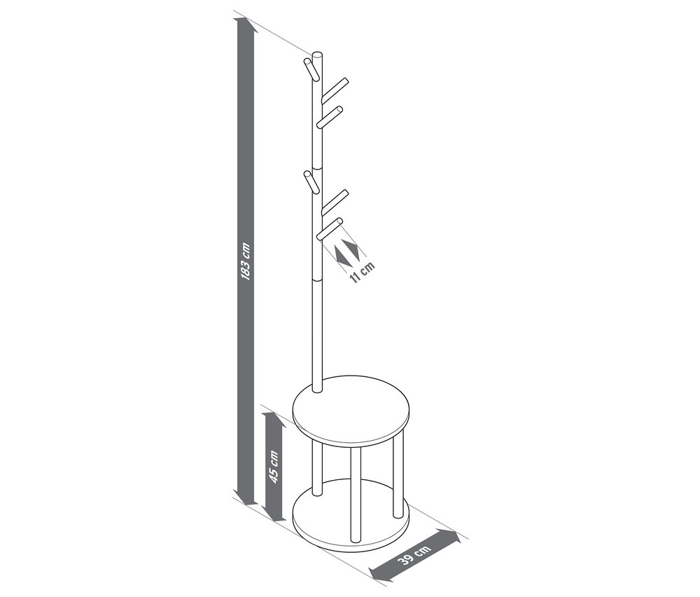 Image d'un porte-manteau avec tablette et indications de dimension.