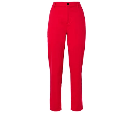 Pantalon rouge en tissu taille haute avec fermeture boutonnée.