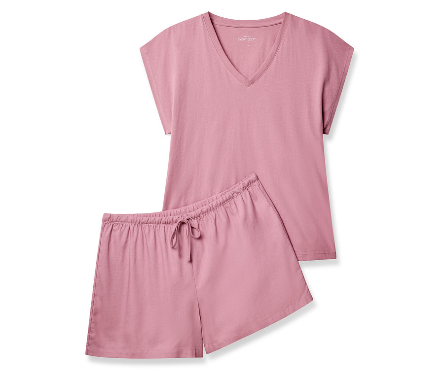 Ensemble pyjama shorty rose comprenant un haut à manches courtes et col en V et un short à cordon de serrage.