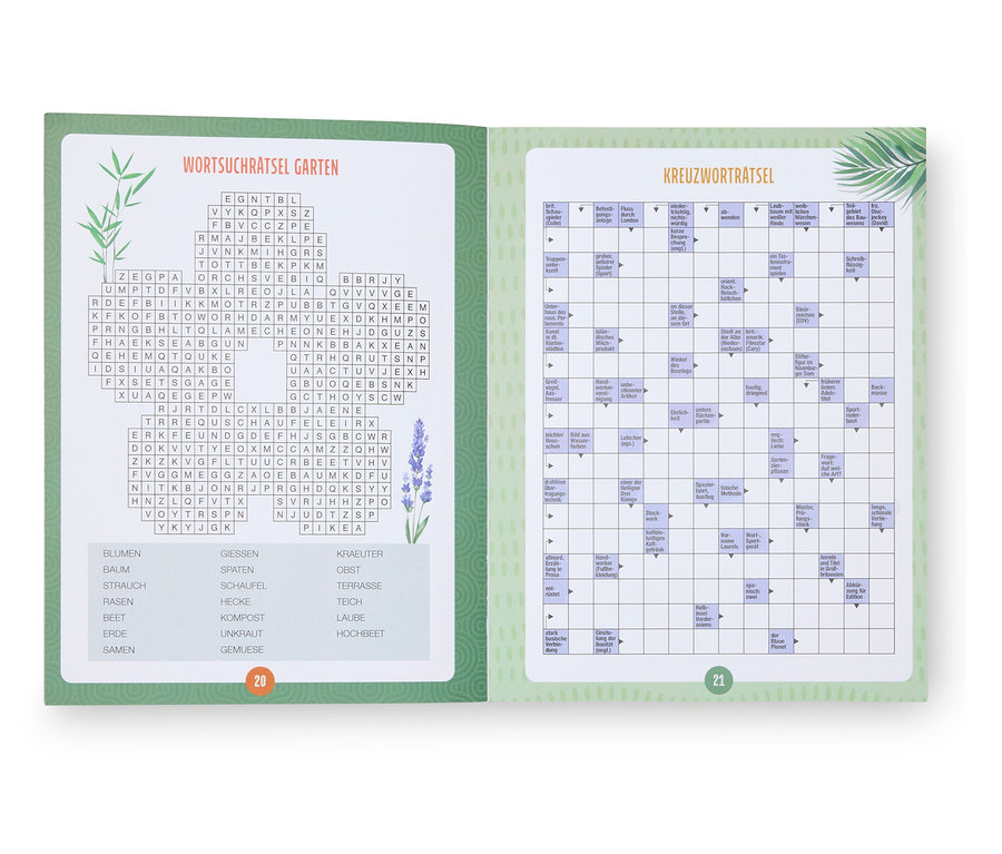 Double page d'un livre sur le thème du jardin : mots croisés et mots cachés.