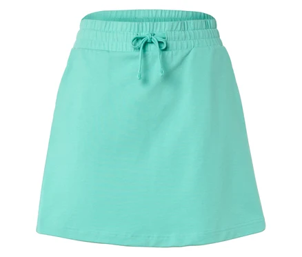 Une jupe turquoise avec un cordon de serrage à la taille repose sur un fond blanc.