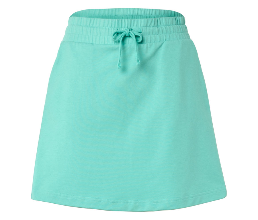 Une jupe turquoise avec un cordon de serrage à la taille repose sur un fond blanc.