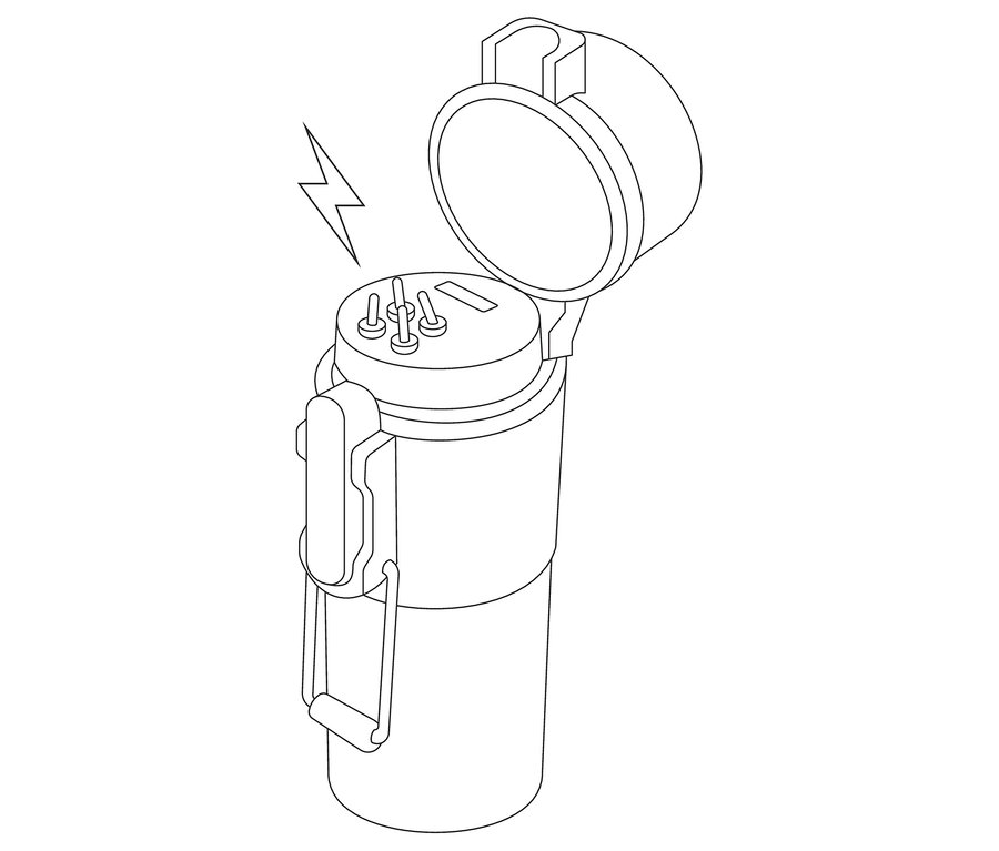 L'image montre un dessin au trait schématique d'une banque d'alimentation avec un couvercle ouvert et un symbole d'éclair au-dessus.