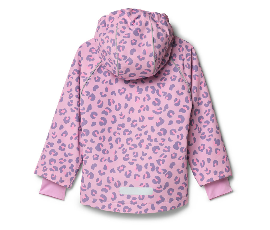 Vue arrière d'une veste pour enfant rose clair à motif léopard violet avec capuche.