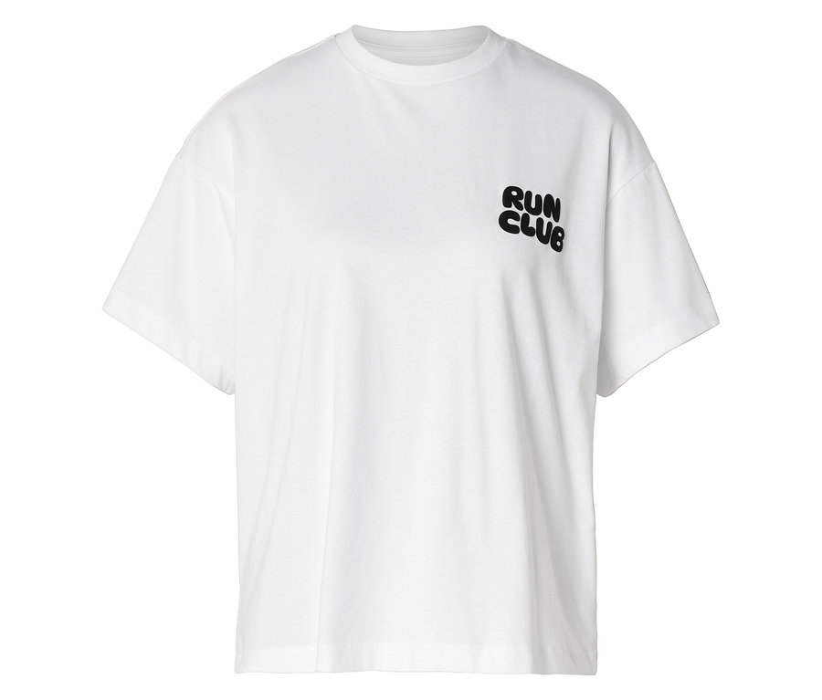 T-shirt de sport blanc à manches courtes avec l'inscription noire "RUN CLUB" sur la poitrine.