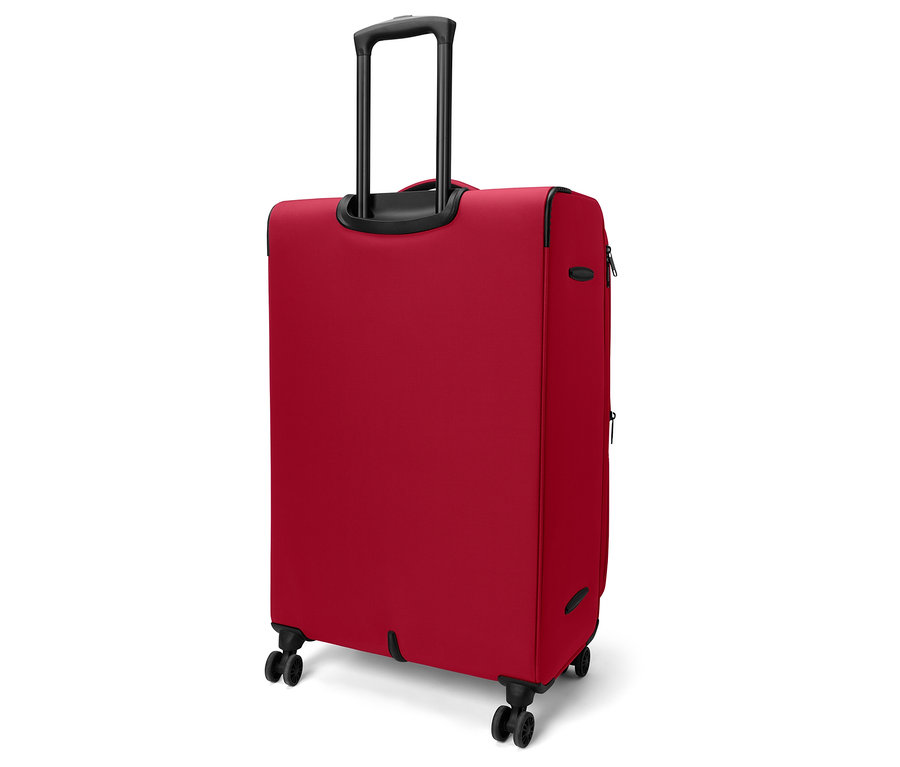 Valise rouge à roulettes avec poignée et roulettes noires.