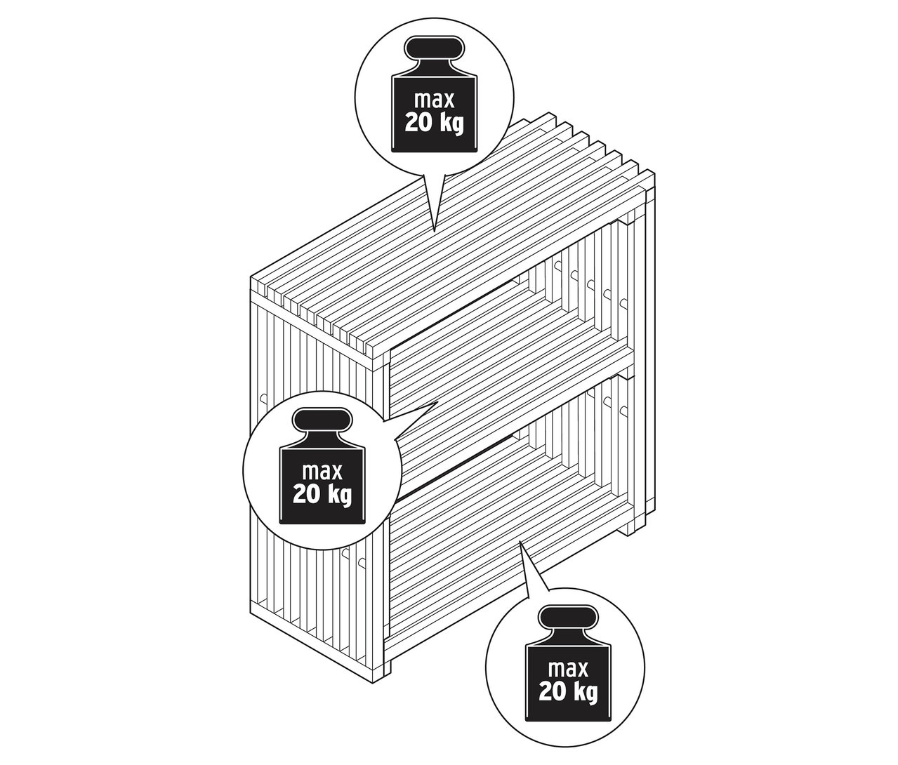 Vue de dessus d'une étagère en bois à trois niveaux, chaque niveau pouvant supporter un maximum de 20 kg. Le sideboard extensible «	FLEKSIBEL	» est présenté.