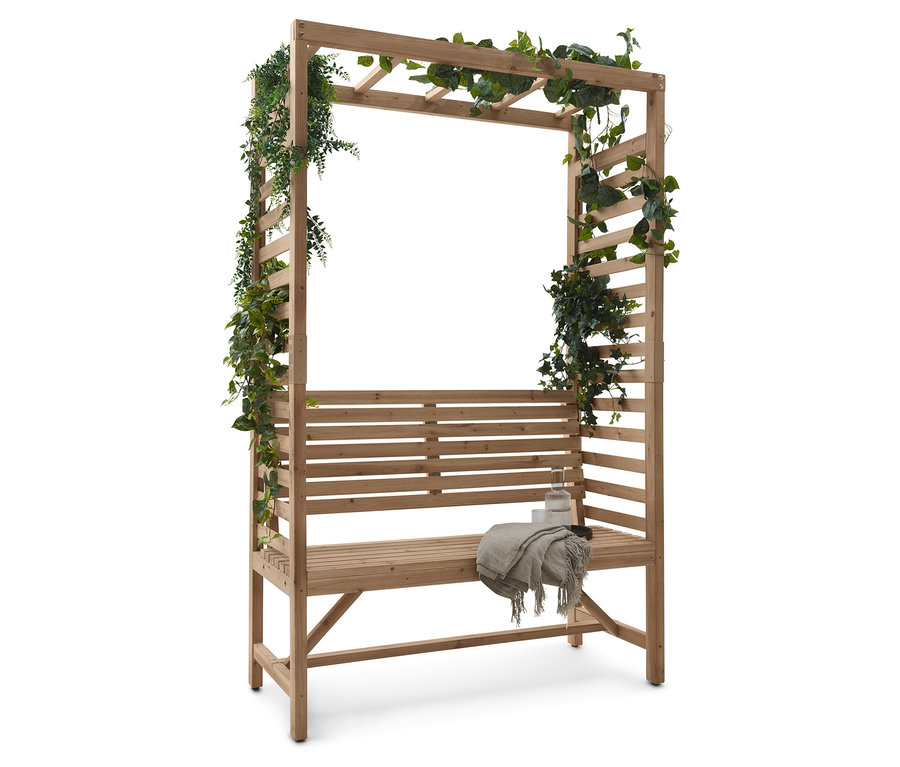 Banc en bois avec toit, décoré de plantes vertes, dans le jardin.