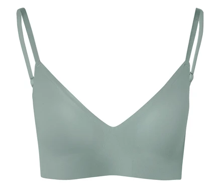 Soutien-gorge vert clair avec décolleté en V et fines bretelles.
