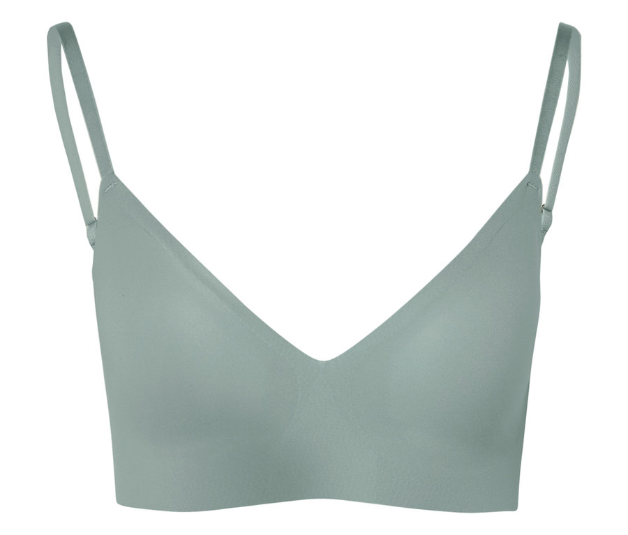 Soutien-gorge vert clair avec décolleté en V et fines bretelles.