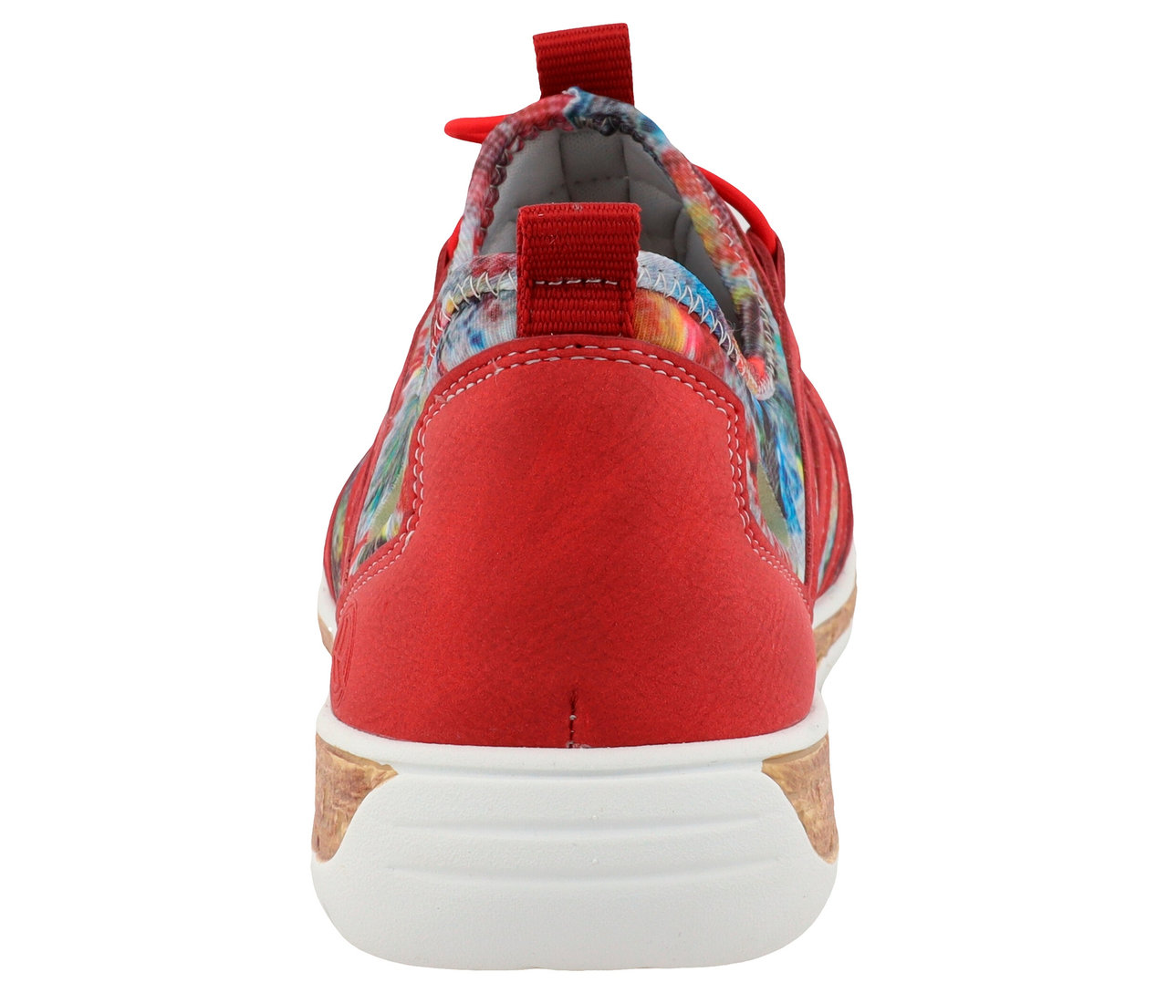 Vue arrière d'une chaussure de loisirs rouge pour femmes avec un motif floral et une semelle blanche.