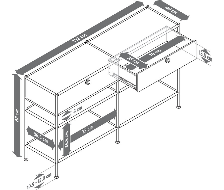 Un dessin d'une console en métal « CN3 » avec 2 tiroirs montre les dimensions.