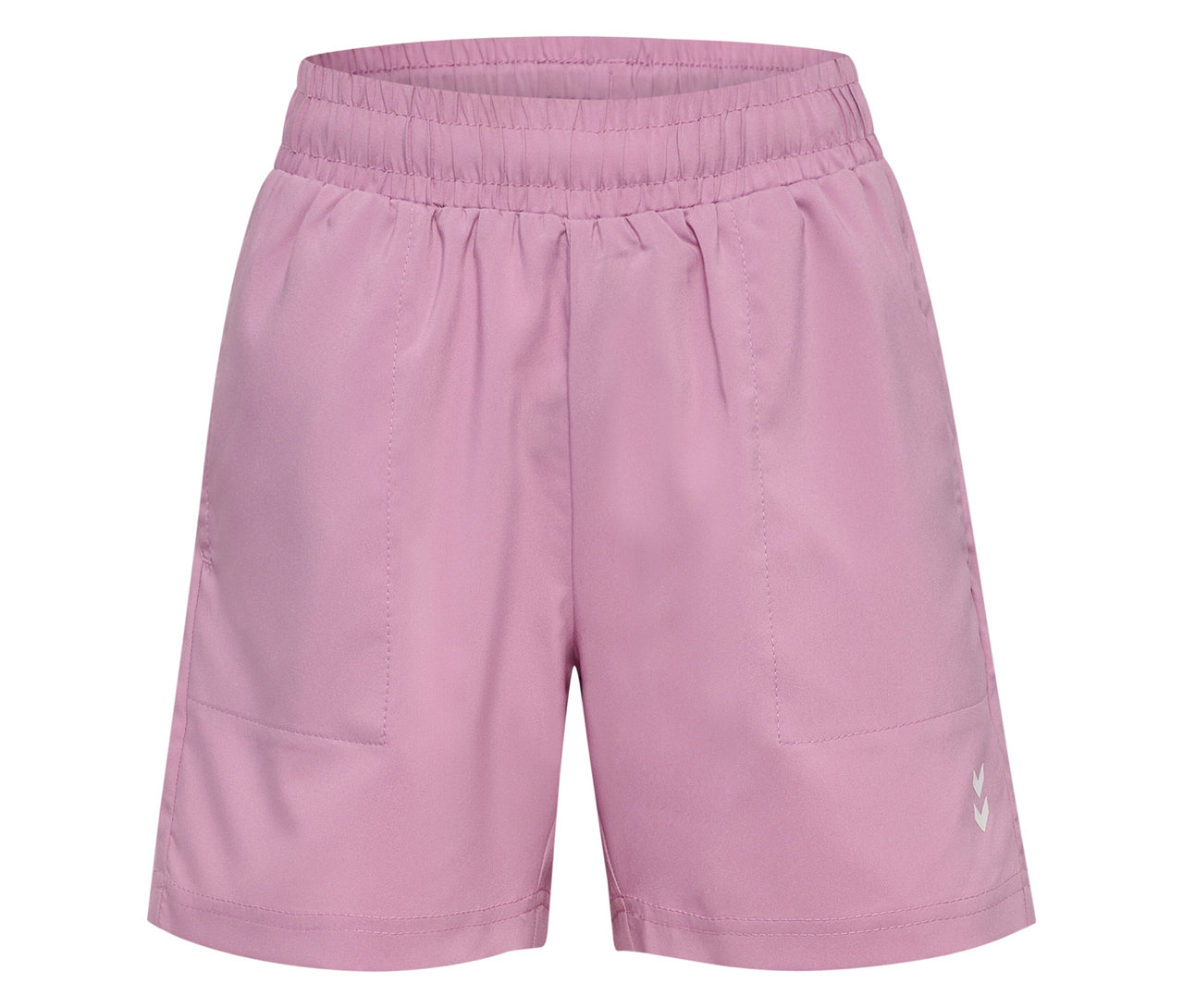 Gros plan sur un short d’entraînement HUMMEL HMLJR Pulse lavande avec une taille élastique et un petit logo blanc.