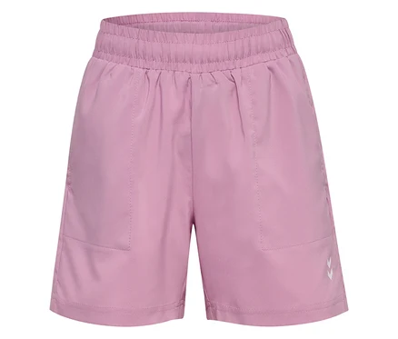 Gros plan sur un short d’entraînement HUMMEL HMLJR Pulse lavande avec une taille élastique et un petit logo blanc.