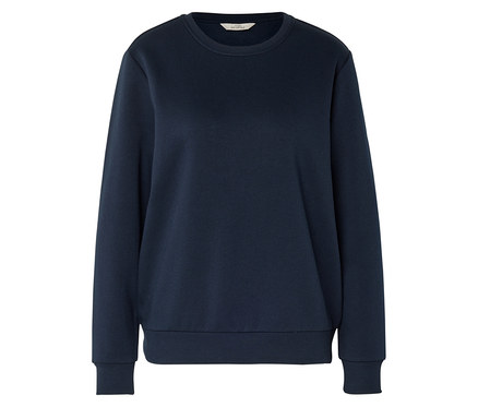 Sweat-shirt bleu foncé à col rond, manches longues et poignets et ourlet côtelés.