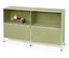 Étagère modulaire verte avec des jouets dans un compartiment.