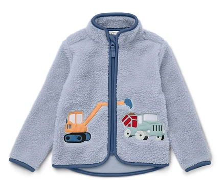 Veste polaire bleu clair zippée avec des appliqués de pelleteuse et de camion.