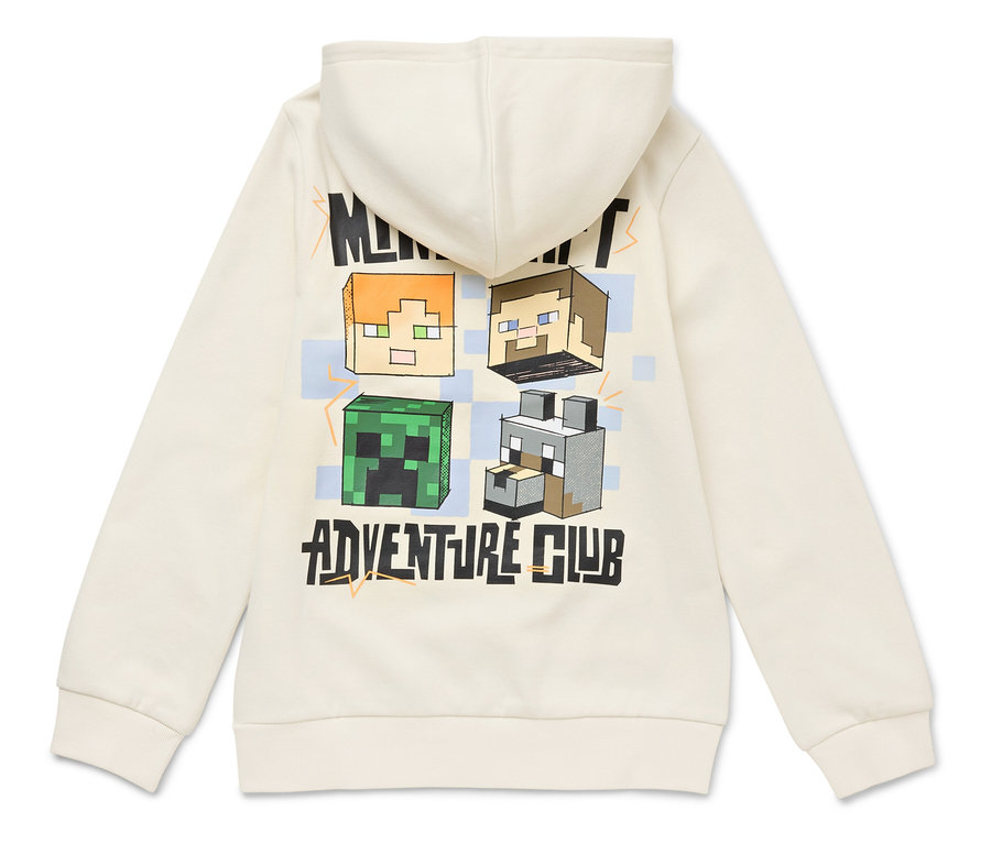 Vue arrière d'un sweat à capuche couleur crème avec des personnages de Minecraft et l'inscription "Adventure Club".