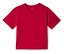 T-shirt rouge avec un petit logo vert de joueur de football sur la poitrine.