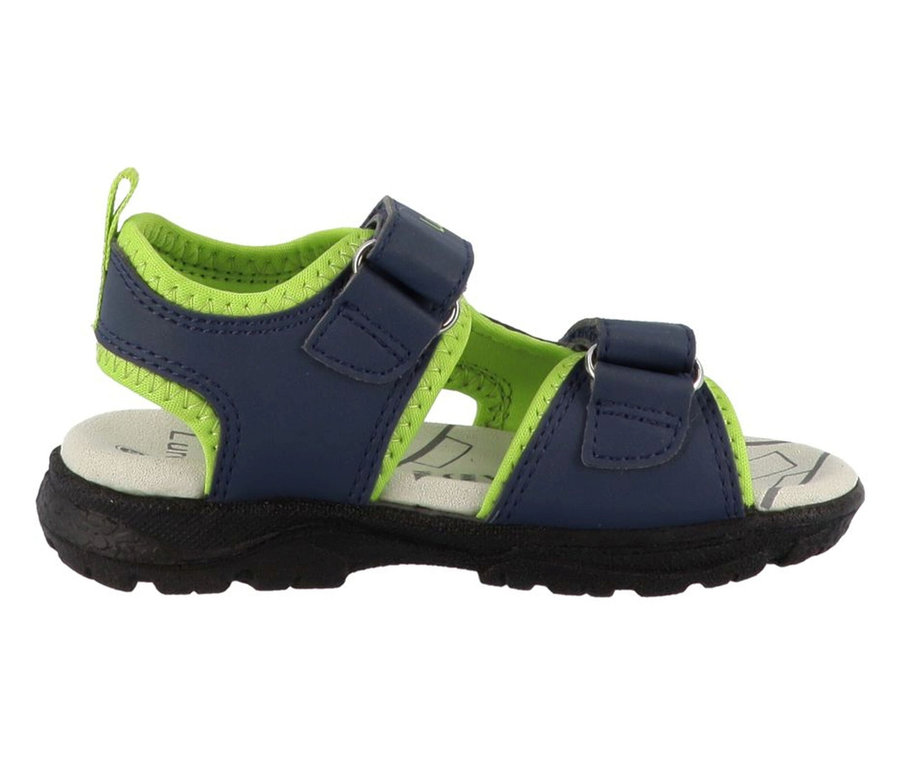 Sandales pour garçon « Keeper » de LURCHI, bleu marine avec des accents vert vif et des fermetures auto-agrippantes, vues de côté.