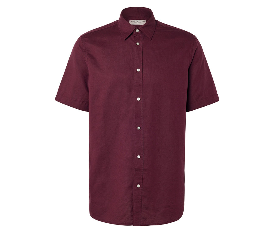 Une chemise bordeaux à manches courtes avec des boutons blancs.