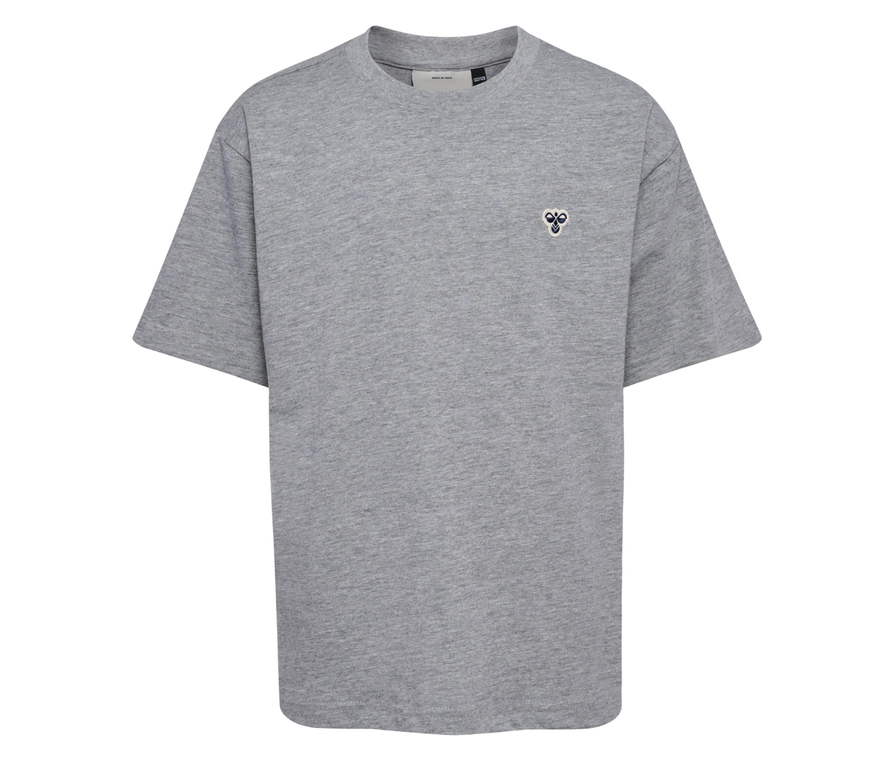 T-shirt ample hummel® HMLJR bleu à manches courtes gris avec un petit logo sur la poitrine.