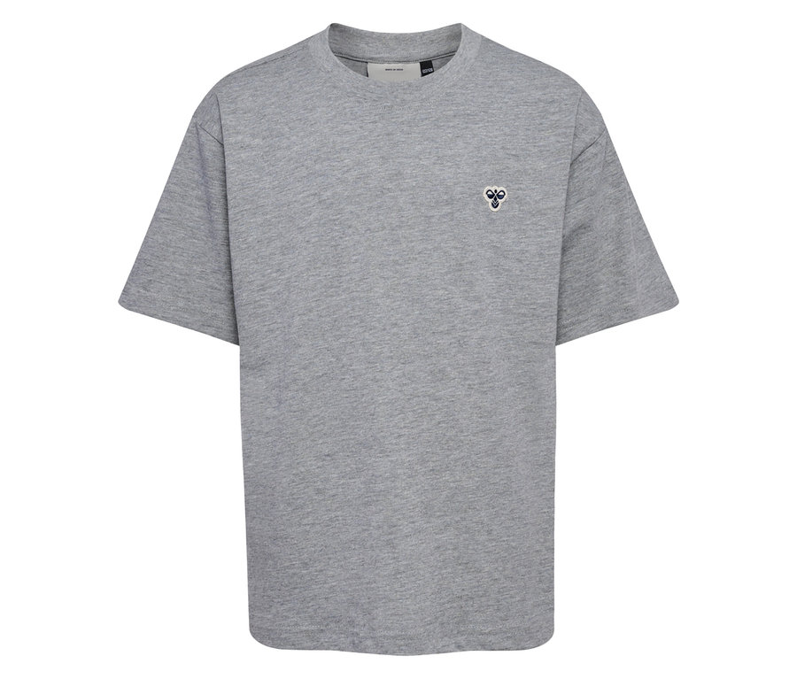 T-shirt ample hummel® HMLJR bleu à manches courtes gris avec un petit logo sur la poitrine.